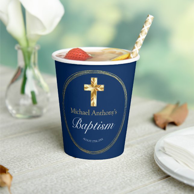 Baby Boy Baptism Navy Blue Gold Cross   Paper Cups (Insitu)