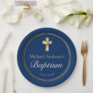 Baby Boy Baptism Navy Blue Gold Cross Paper Plate