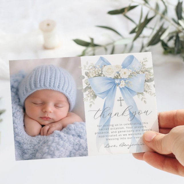 Baby Boy Baptism Photo Floral Thank you Card (Creator Uploaded)