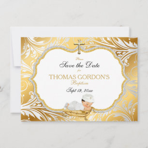 Baby Boy Baptism Save Date Gold Cross Save The Date