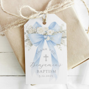 Baby Boy Baptism Silver Cross Floral Bow Gift Tags