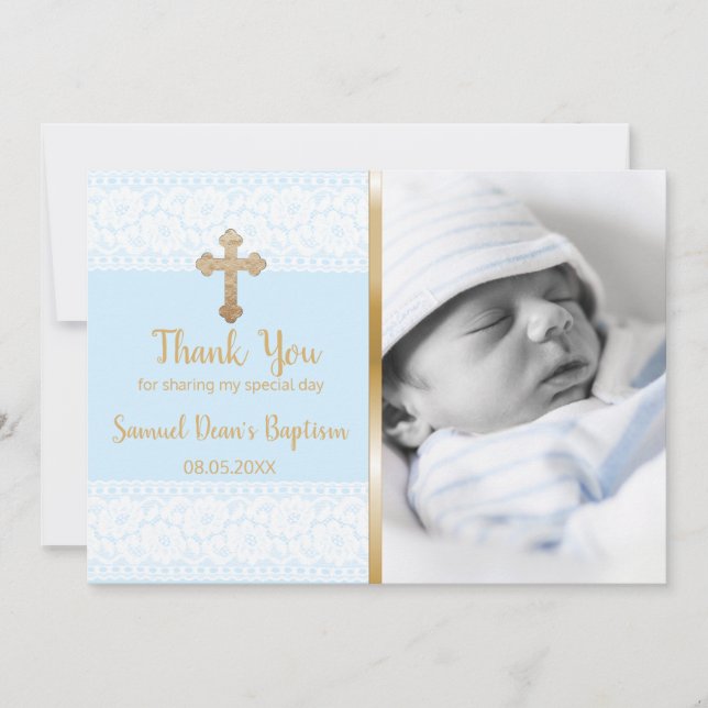 Baby Boy Baptism Thank You Custom Photo Gold Cross Card (Front)
