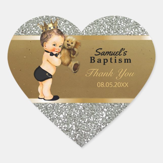 Baby Boy Baptism Thank You  Favour | Gold Silver Heart Sticker (Front)