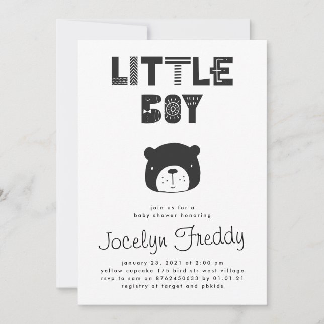 Baby Boy Bear Black & White Baby Shower Invitation (Front)