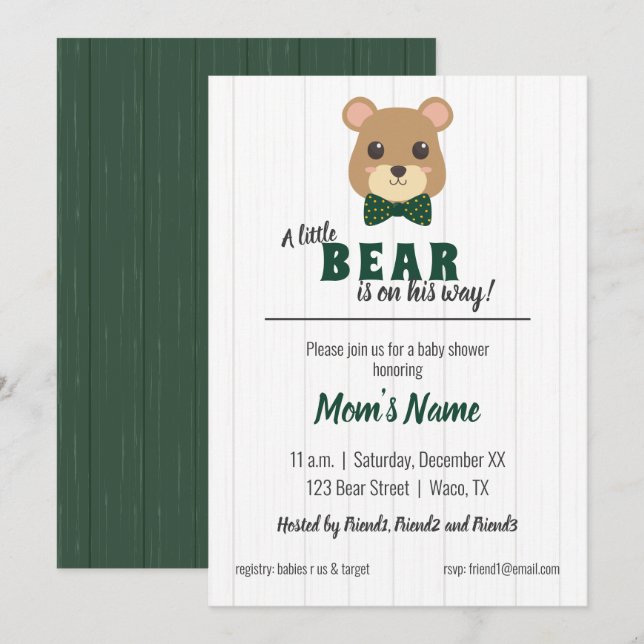 Baby Boy Bear Green & Gold Baby Shower Invitation (Front/Back)