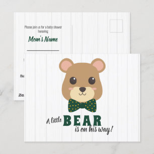 Baby Boy Bear Green & Gold Baby Shower Invitation  Postcard