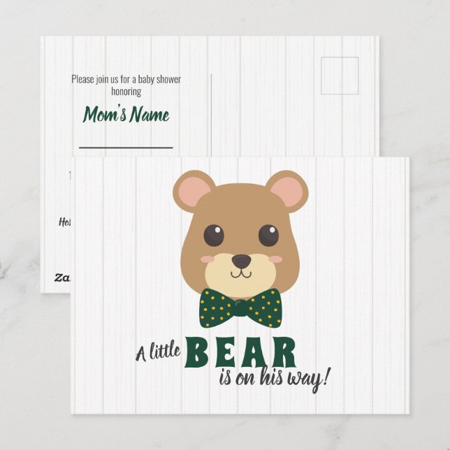 Baby Boy Bear Green & Gold Baby Shower Invitation  Postcard (Front/Back)