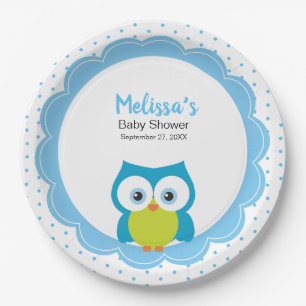 Baby Boy Big Eyed Smiling Owl Paper Plate