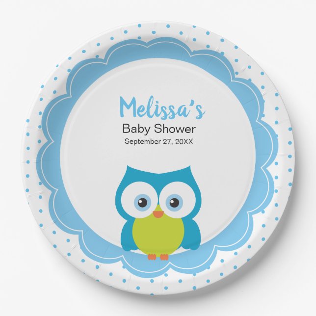 Baby Boy Big Eyed Smiling Owl Paper Plate (Front)
