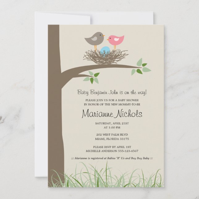 Baby Boy Bird's Nest Baby Shower Invitation (Front)