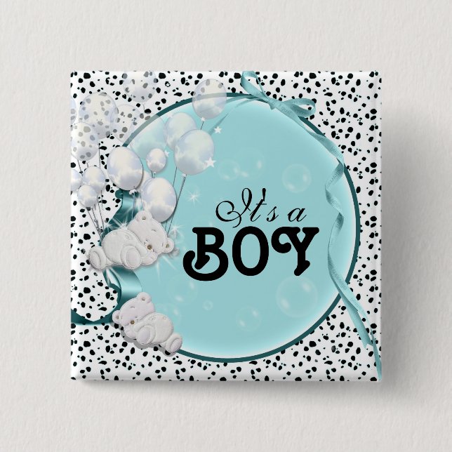 baby boy birth announcement bear 15 cm square badge (Front)