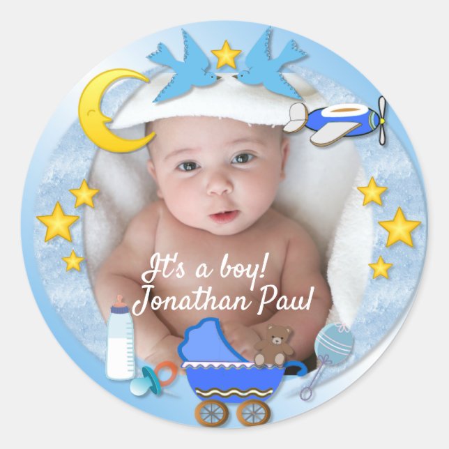 Baby Boy Birth Announcement Classic Round Sticker (Front)