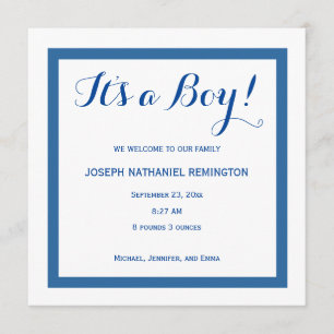 Baby Boy Birth Announcement Classic Style Blue A01
