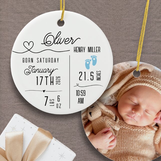 Baby Boy Birth Announcement Photo Name Stats Ceramic Tree Decoration (Personalized Baby Boy Custom Ornament Birth Announcement Name Stats Photo Baby's First Christmas)