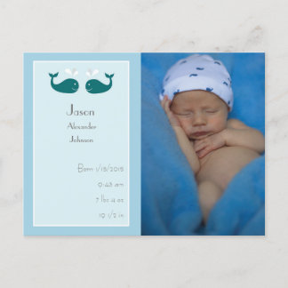 Baby Boy Birth Announcement Postcard with Whales