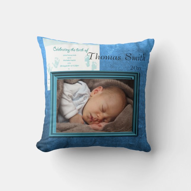 Baby Boy Birth Photo Keepsake Cushion (Front)