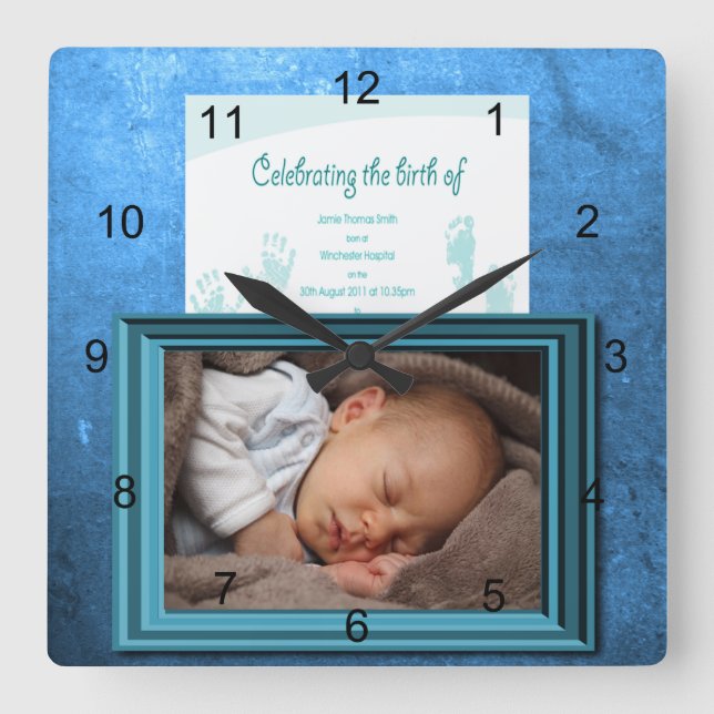 Baby Boy Birth Photo Keepsake Square Wall Clock (Front)
