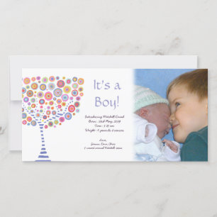 Baby Boy Birth Retro Tree Announcement Photocard