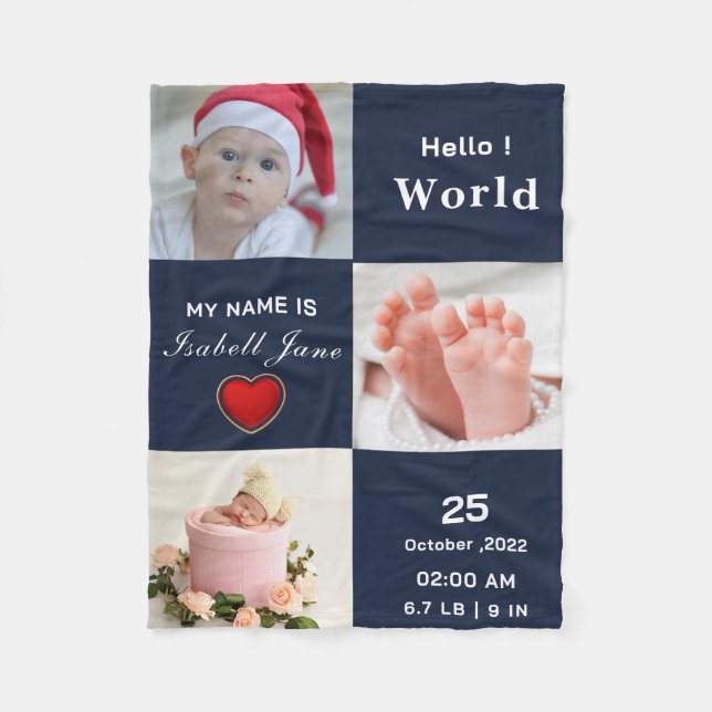 Baby Boy Birth Stat Announcement Photo  Fleece Blanket (Front)