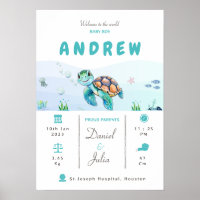 Baby boy birth stats aquatic theme Nursery poster
