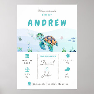 Baby boy birth stats aquatic theme Nursery poster