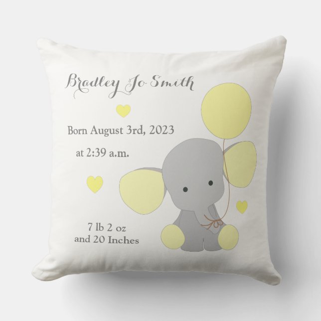 Baby Boy Birth Stats Yellow Grey Elephant Chevron Cushion (Front)
