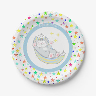 Baby Boy Birthday Kitty Cat & Multicolored Stars Paper Plate