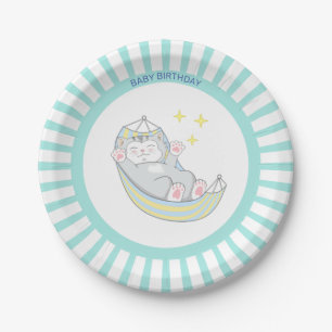 Baby  Boy Birthday Kitty Cat on Light Blue & White Paper Plate