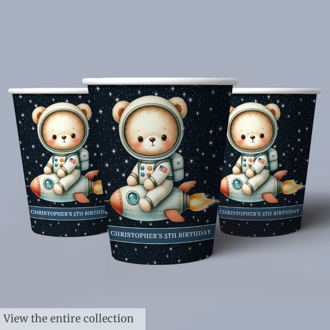 Baby Boy Birthday Teddy Bear Astronaut Party Paper Cups (Teddy Bear Astronaut Personalized Boy Birthday Paper Cups )