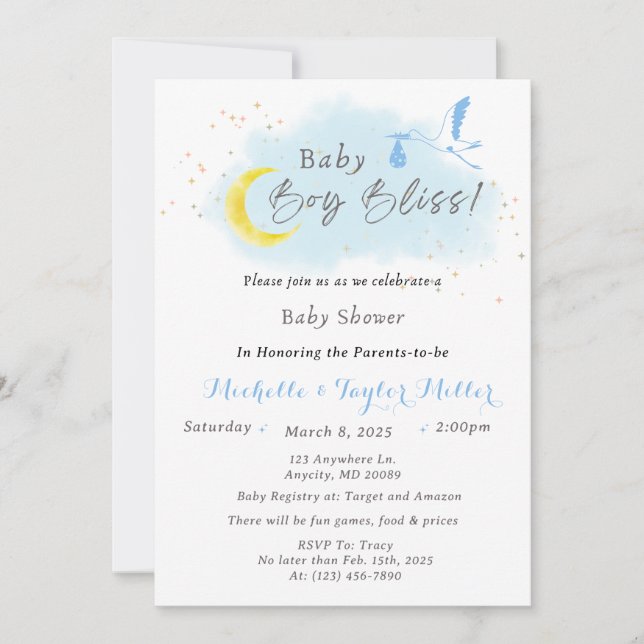 Baby Boy Bliss Stork Special Delivery Invitation (Front)