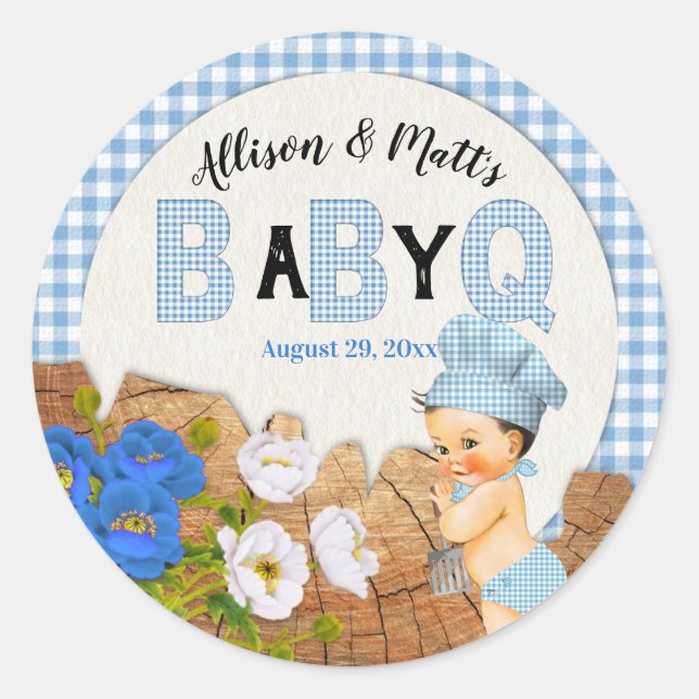 Baby Boy Blu Gingham Wood Floral Baby Q BBQ Classi Classic Round Sticker (Front)