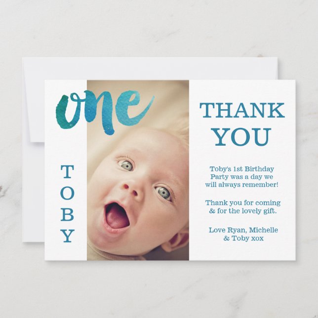 Baby Boy Blue 1st Birthday Thank You Photo Card (Front)
