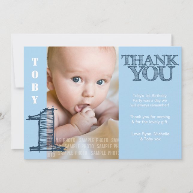 Baby Boy Blue 1st Birthday Thank You Photo Card (Front)