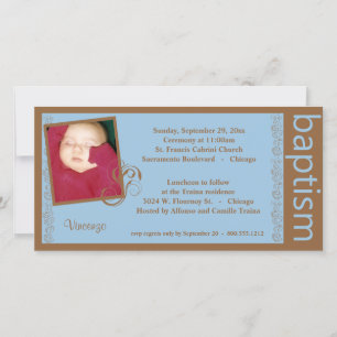Baby Boy Blue And Brown Baptism Photo Invitation