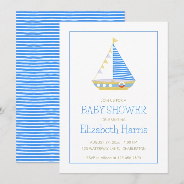 Baby Boy Blue and White Sailboat Baby Shower Invitation (Front/Back)