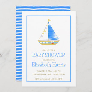 Baby Boy Blue and White Sailboat Baby Shower Invitation
