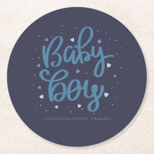 Baby Boy Blue Baby Shower Round Paper Coaster