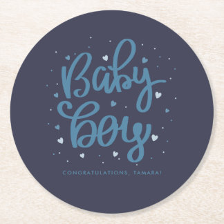 Baby Boy Blue Baby Shower Round Paper Coaster