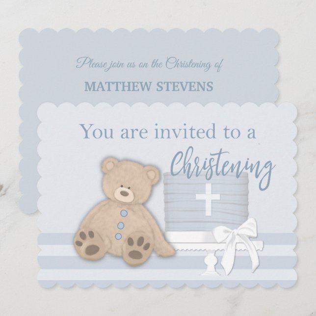 Baby Boy Blue Baptism Invitation Cake Teddy Bear (Front/Back)