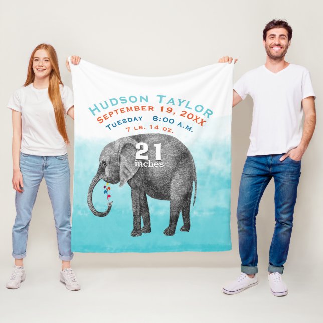 Baby Boy Blue Birth Record Stats Elephant Fleece Blanket (In Situ)