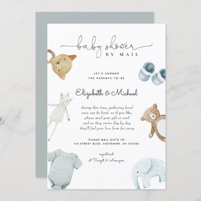 Baby Boy  Blue Boho Watercolor Baby Shower By Mail Invitation (Front/Back)