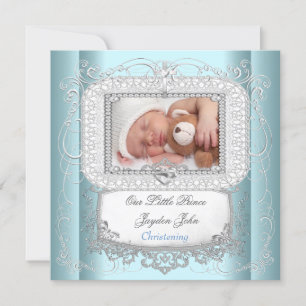Baby Boy Blue Christening Baptism Cross Prince Invitation