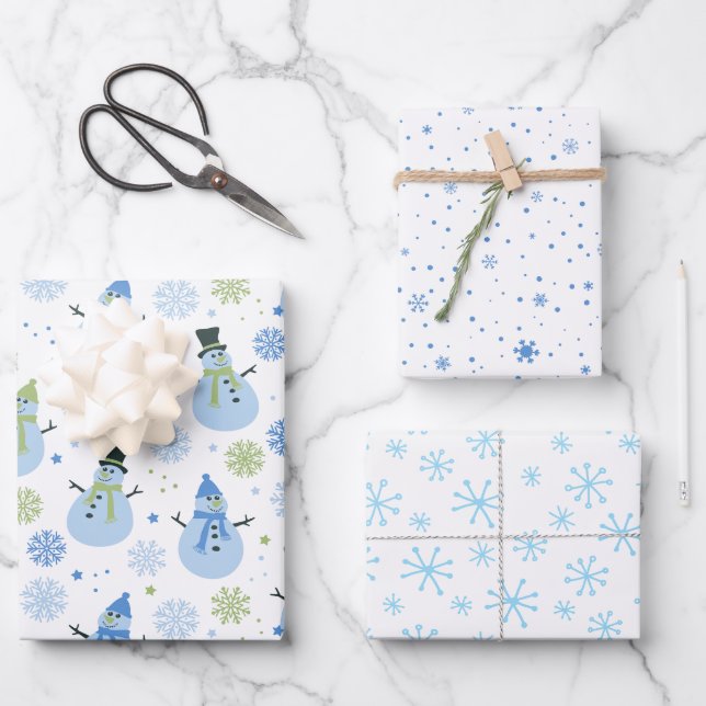 Baby Boy Blue Christmas Snowmen and Snowflakes Wrapping Paper Sheet (Front)
