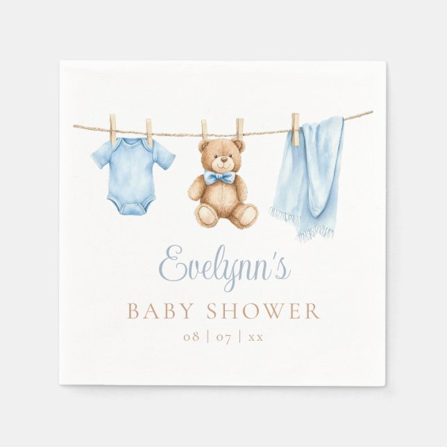 Baby Boy Blue Clothesline Baby Shower Napkin (Front)