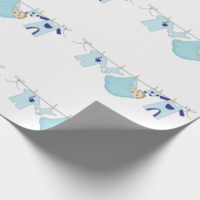 Baby Boy Blue Clothesline Cute Wrapping Paper (Corner)