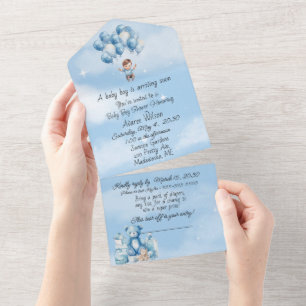 Baby Boy Blue Clouds Balloons Shower Invitation