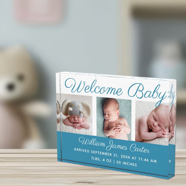 Baby Boy Blue Collage Cute Cursive Script  Photo Block (Creator Uploaded)