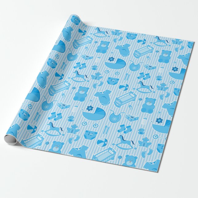 Baby Boy Blue Collage Wrapping Paper (Unrolled)