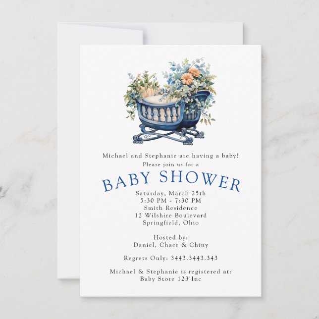 Baby Boy Blue Crib Floral Shower Invitation (Front)