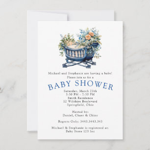 Baby Boy Blue Crib Floral Shower Invitation